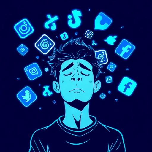 Persona abrumada por íconos de redes sociales flotando alrededor