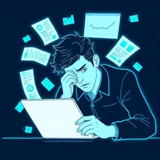 Persona estresada buscando en su laptop con documentos y gráficas alrededor